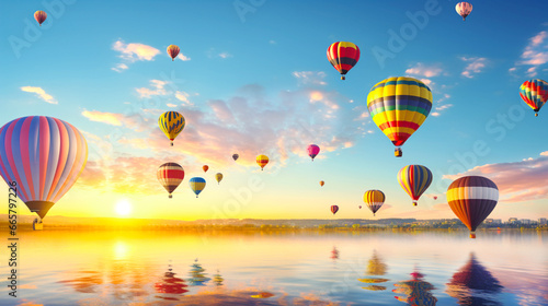 Multicolored hot air balloons at sunrise. Magic landscape over water surface. Banner
