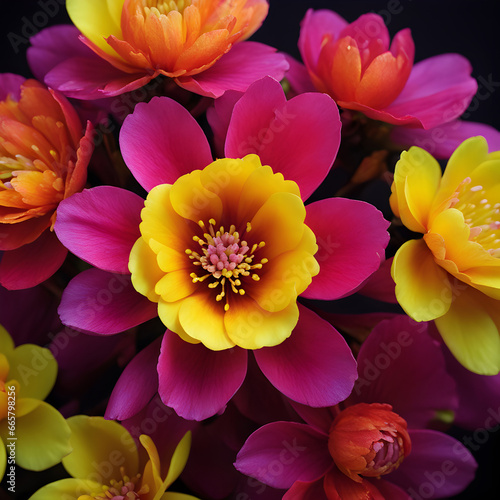 a closeup of a brightly coloured blossom against a dark background. ai generative © Big