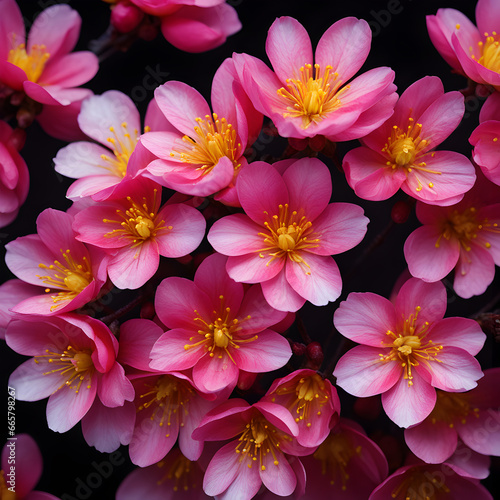 a closeup of a brightly coloured blossom against a dark background. ai generative