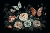 Floral artwork with two butterflies on a dark backdrop. Generative AI