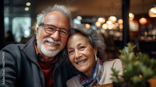 Relational Aesthetics: Vibrant Colors Enhance the Joyful Selfie of a Senior Couple in a Restaurant