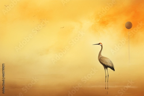 a lone golden crane on an empty backdrop. Generative AI