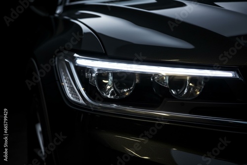 Close-up of a modern car's LED headlight on a black background. Generative AI © Vance