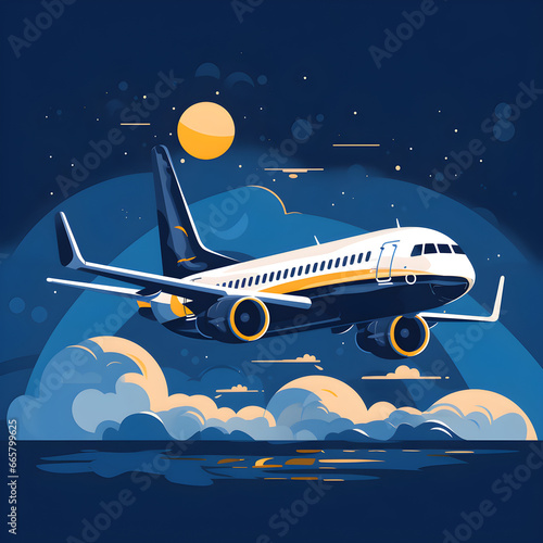 Air plane with moon, flat illustration art