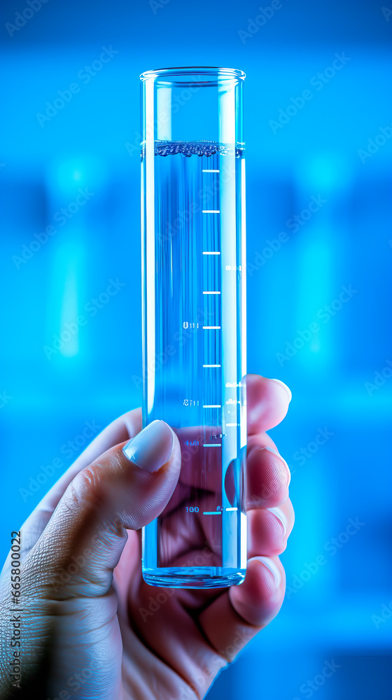Test tube with blue liquid, held by a lab worker or analyst in a laboratory. Medical research. Shallow field of view with copy space. Test tube with blue liquid, held by a lab worker or analyst in a laboratory. Medical research. Shallow field of view with copy space.