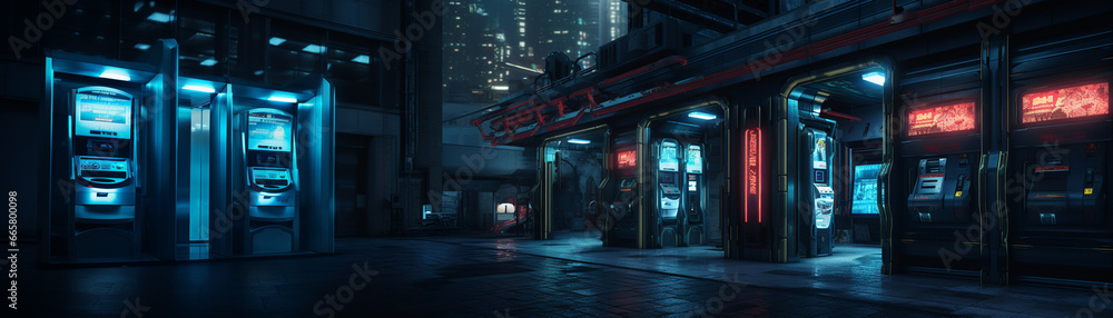 Futuristic cyberpunk urban cityscape, Neon Lights, subway station in the night Futuristic cyberpunk urban cityscape, Neon Lights, subway station in the night