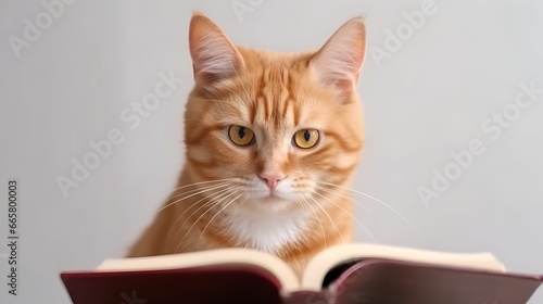 a cute orange ginger cat sitting in front of a book isolated on white background. 