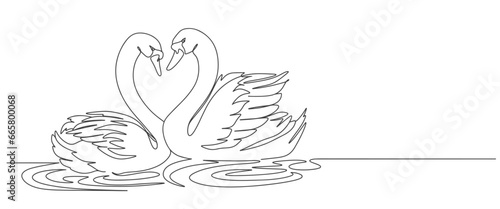 Couple swans line art style vector illustration. Couple of romantic birds for wedding invitation design. Vector illustration, isolated on white.