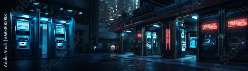 Futuristic cyberpunk urban cityscape, Neon Lights, subway station in the night
