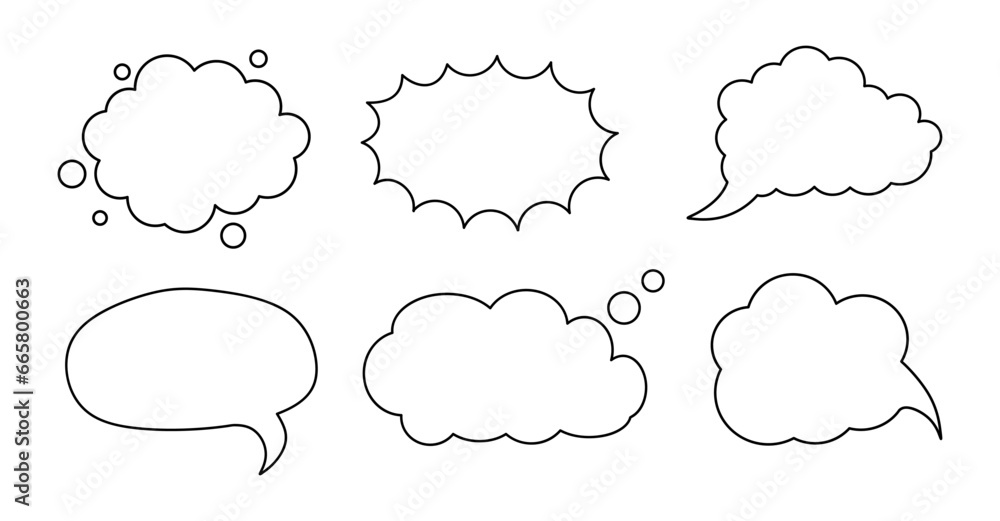 Obraz premium Set of hand drawn line blank speech bubbles. Talk bubble collection in doodle style. Empty dialog clouds elements in outline style. Concept of Communication, dialog and feedback. Vector illustration