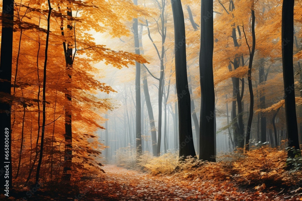 Vivid autumn woods stretching wide. Generative AI