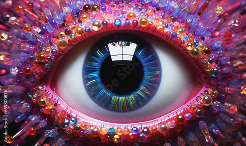 Illustration of a human eye framed by precious stones,Generated by AI