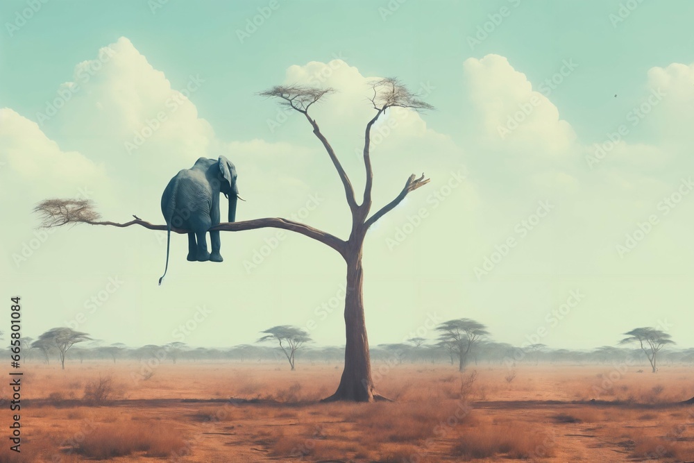 Hazard and depression - lonely elephant sitting on thick tree branch, wildlife risk - obrazy, fototapety, plakaty 
