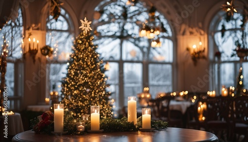 Large windows in winter garden: Decorated with Christmas tree branches and glowing candles