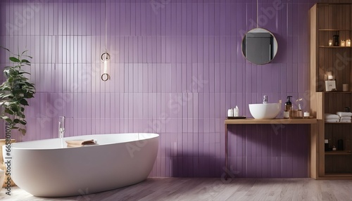Wooden cabinet and mirror in minimalist bathroom  Lined with purple tiles and featuring a bathtub