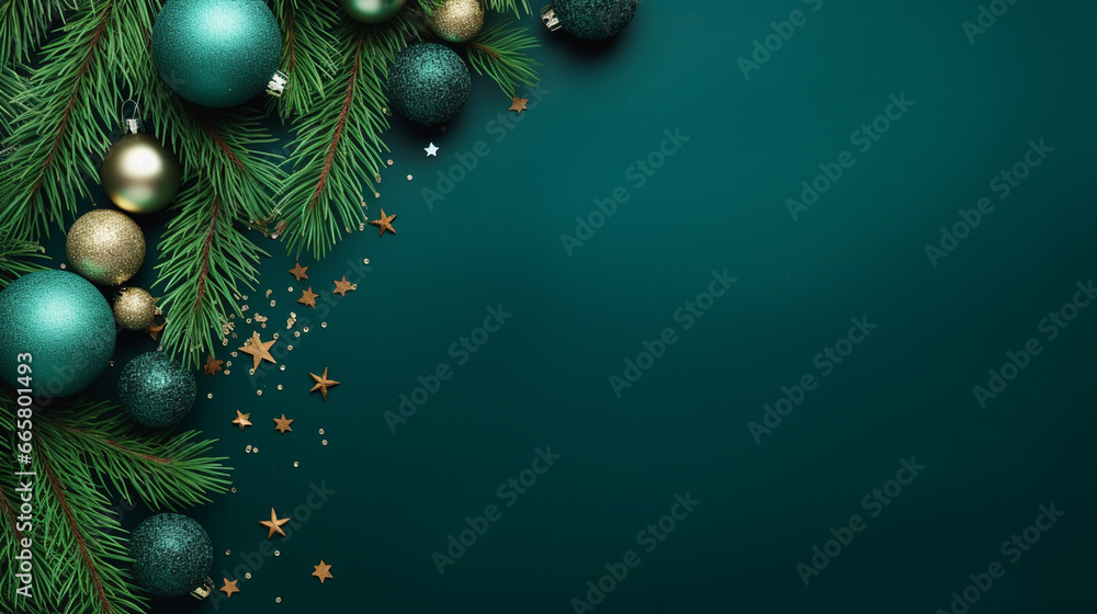 Christmas branches and decorations on green background with copy space top view. Generative AI