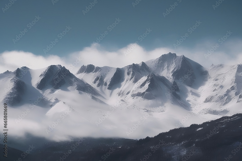 Snow-capped mountain peaks. Harsh mountain landscape.