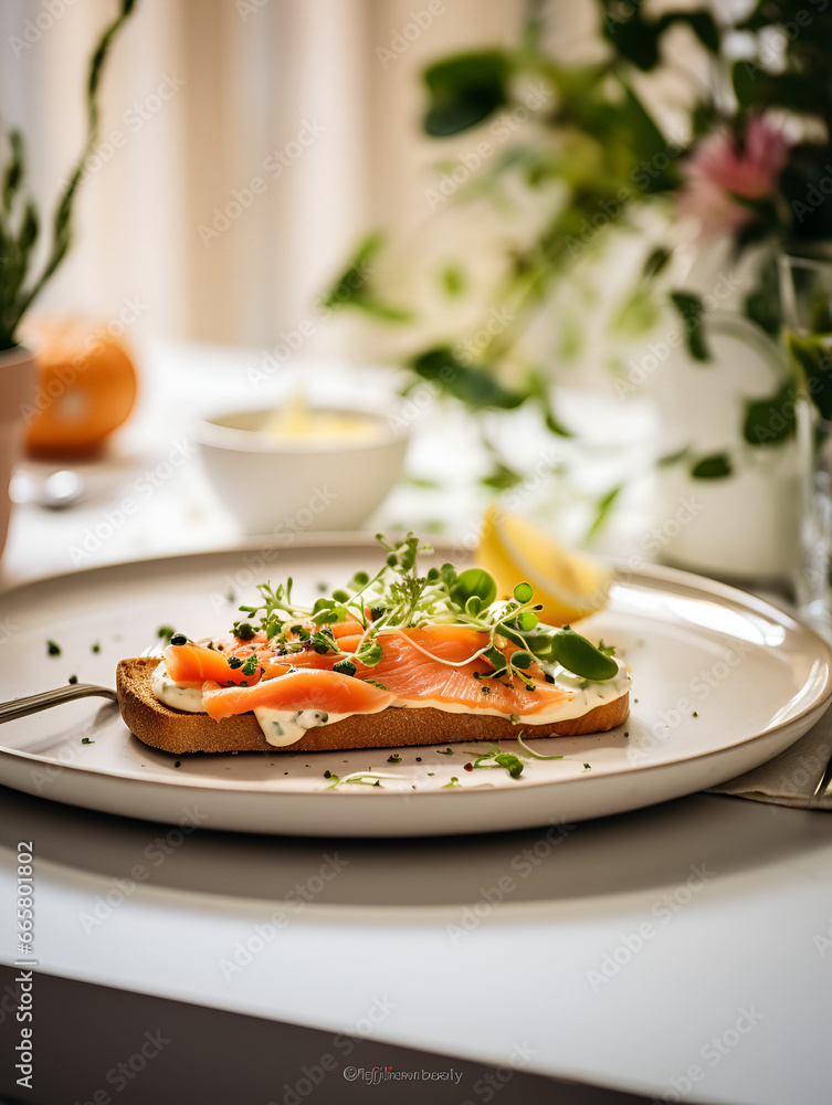 Healthy breakfast plate with smoked salmon and egg, kitchen table and blurred background Healthy breakfast plate with smoked salmon and egg, kitchen table and blurred background
