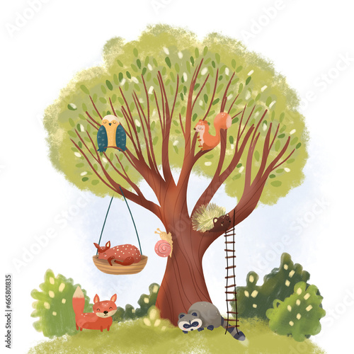Fairytale tree with forest dwellers, animals