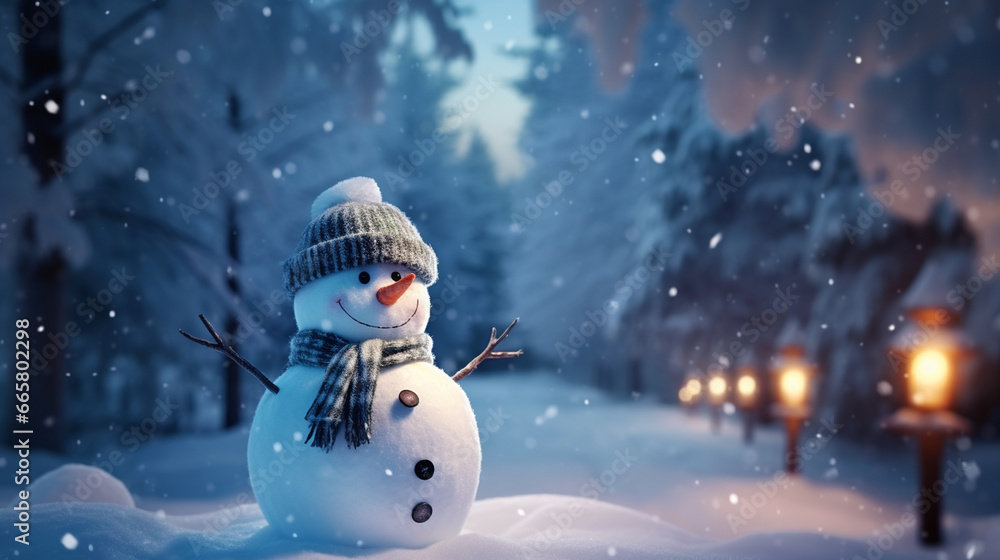 Panoramic view of happy snowman in winter scenery with copy space. Generative AI