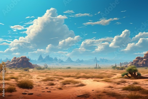 Modern desert scene with sandy hills and blue-toned sky. Generative AI