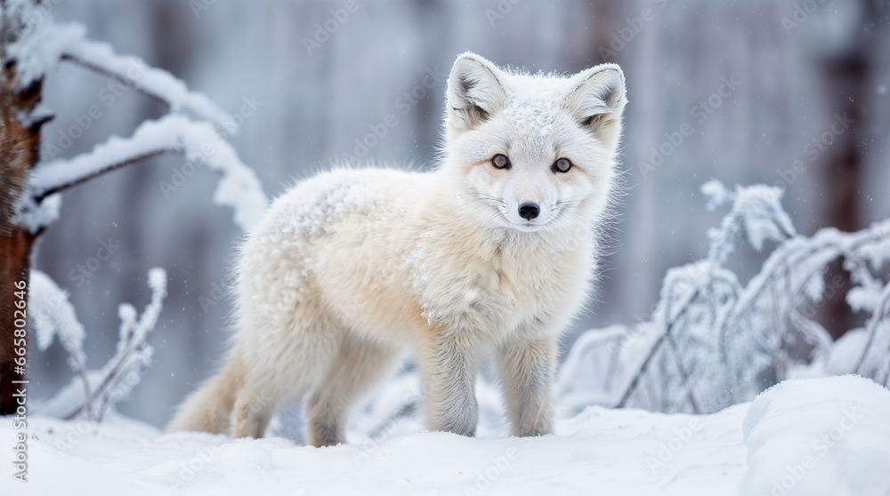 Obraz premium Cute young white arctic fox in the winter snow, beautiful animal