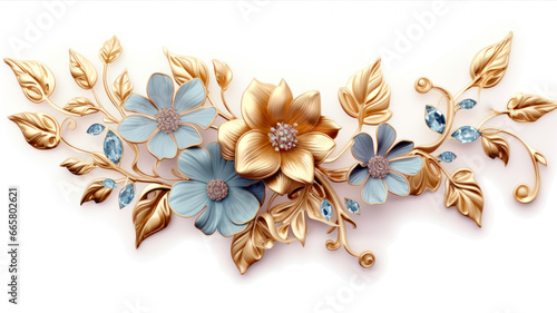 Gold and blue flowers and leaves on a white background. Vector illustration.