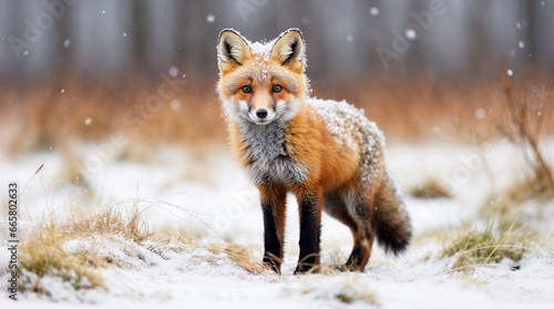 Cute young red fox in the winter snow, beautiful animal, hd