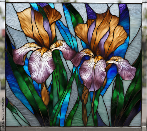 Iris flower in bloom, abstract painting in stained glass style