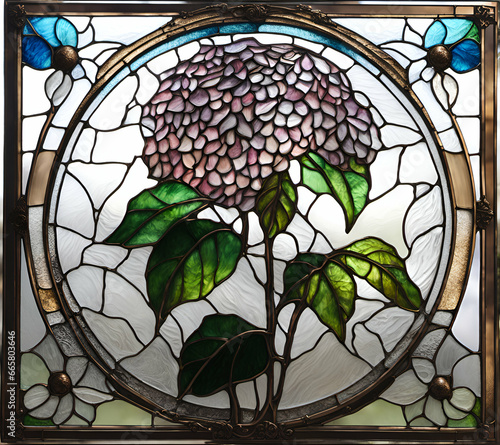 Hydrangea flower in bloom, abstract painting in stained glass style