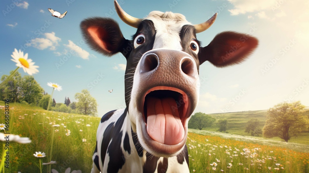 surprised cow with goofy face in sunny meadow  - obrazy, fototapety, plakaty 
