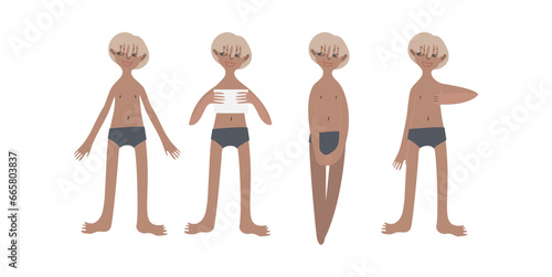Four tanned European boys in swimsuits. Calm standing poses: thumbs up, piece of paper in hands. Tanned skin and blond hair. Vector illustration in flat style
