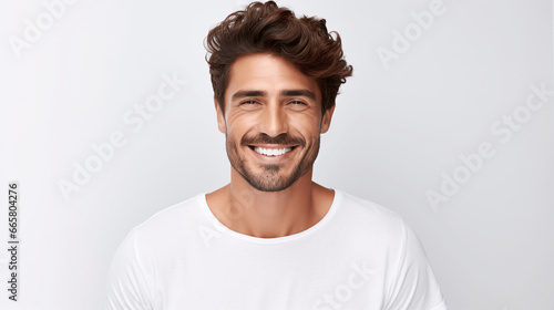 Portrait of young handsome man smiling and looking at camera over white background