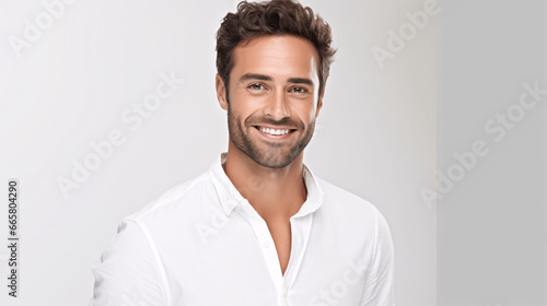 Portrait of handsome young man in white shirt smiling at camera.