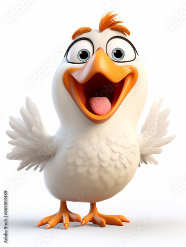 A 3D Cartoon Chicken Laughing and Happy on a Solid Background