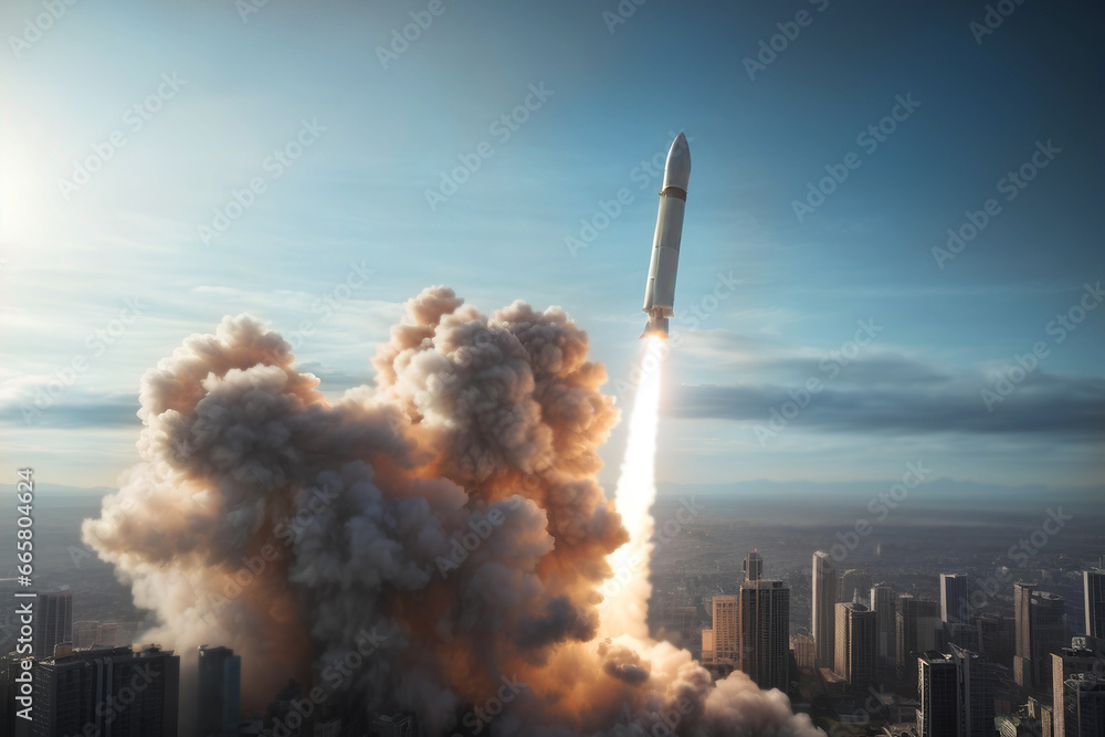 Rocket launch into the sky over the city.  Ballistic missiles in air. Nuclear missiles. Nuclear threat. Doomsday concept.