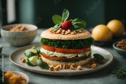 Plate with tasty vegetarian sandwich on table, closeup. Healthy plant-based food recipes. Commercial promotional food photo.