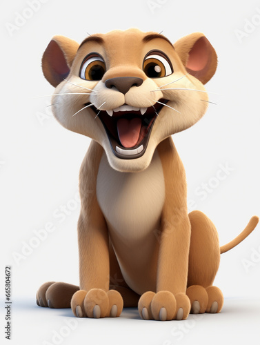 A 3D Cartoon Mountain Lion Laughing and Happy on a Solid Background