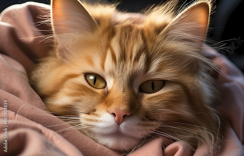 portrait of sleeping red cat in blanket