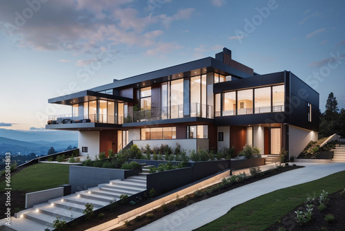Luxury Modern House exterior evening view with interior lighting on the hill.