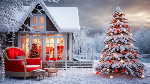 Christmas house decorated with christmas tree and red armchair against snowy landscape. Selective focus