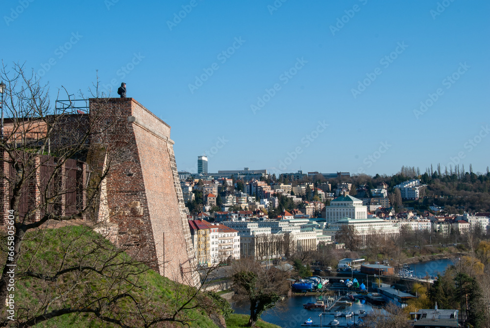 A wall of Vysehrad Castle and a view of Prague, the Czech Republic