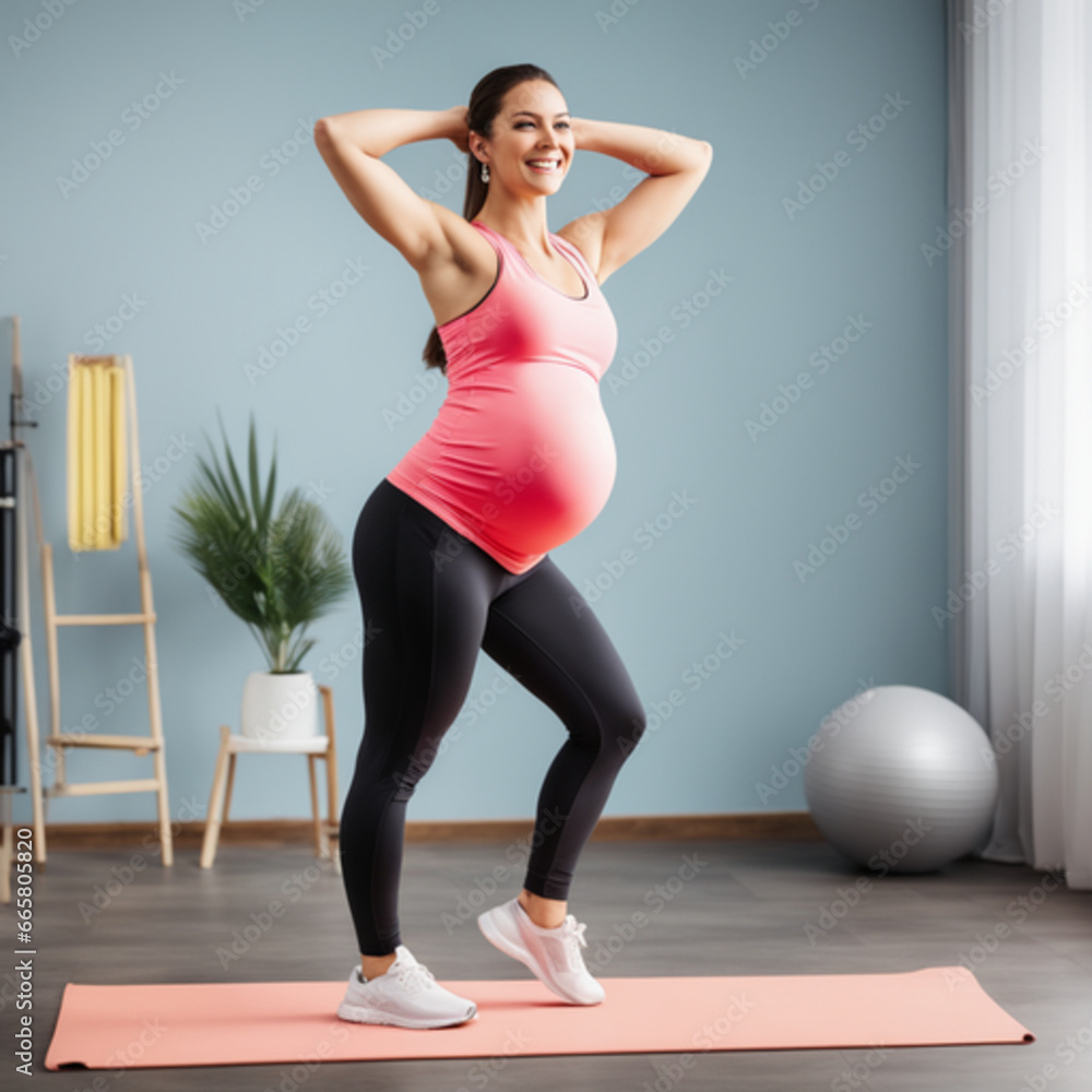 Healthy and lively pregnant woman doing physical exercise with pilates ball on light blue background Healthy and lively pregnant woman doing physical exercise with pilates ball on light blue background