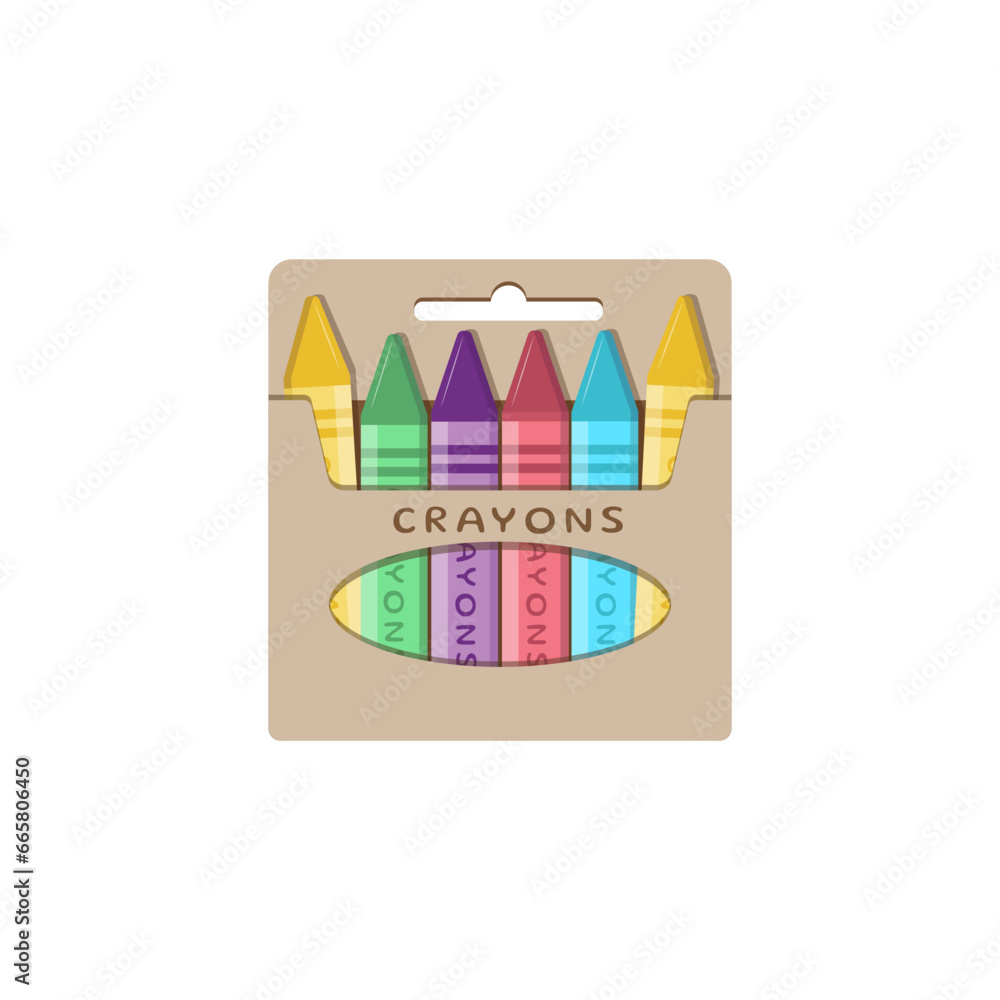 Set of crayons contains seven rainbow colors in packaging. Vector illustration in flat style