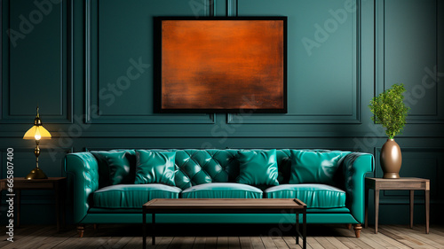 mock up frame on blue sofa with black and green background,