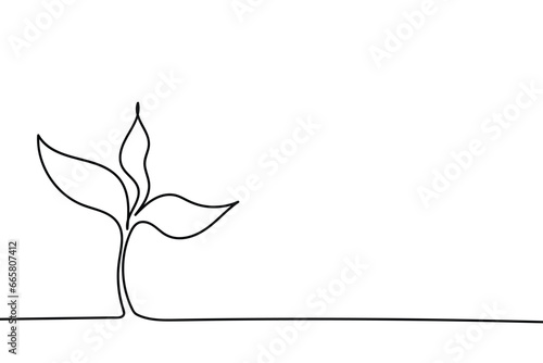 Single continuous line art growing sprout. Plant leaves seed grow soil seedling eco natural farm concept design one sketch outline