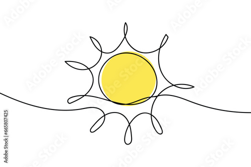 Continuous line sun art. Single line sketch sunny summer travel concept. Icon hot bright sky weather happy holiday vacation element