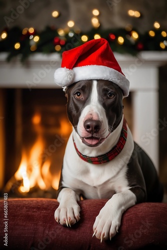 A cute bull terrier dog, adorned with a whimsical Santa hat, romps on a cozy sofa in the heart of a lovingly decorated living room © Anisgott