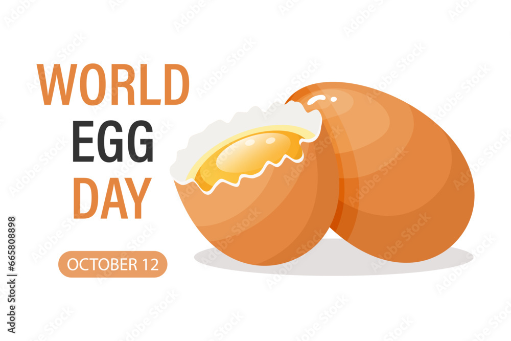 World Egg Day banner, 12 October. Whole and broken chicken eggs with yolk and text. Illustration, vector World Egg Day banner, 12 October. Whole and broken chicken eggs with yolk and text. Illustration, vector