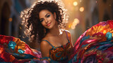 mujer latina sonriente con vestido floreado sisrutando del baile fondo brillante